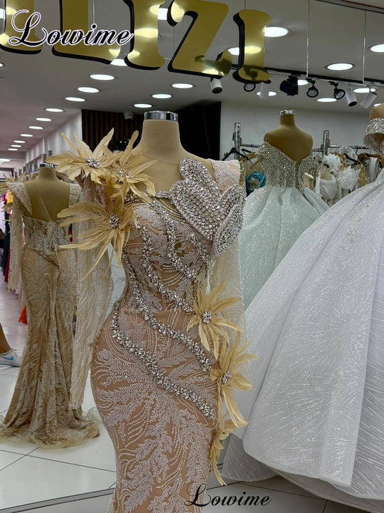 Vintage Champagne Prom Dresses Long Sleeves Evening Dresses With Crystals