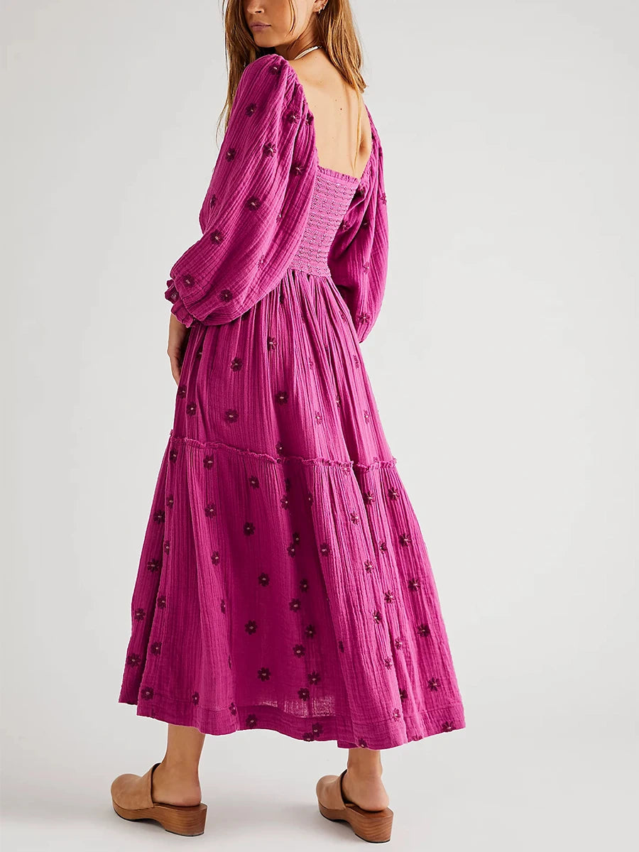 Women's Flower Embroidered Long Dress Bodycon Lantern Sleeve Square