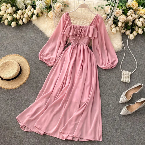 Woherb Chic Elegant Square Collar Maxi Dress Women Solid Chiffon Puff
