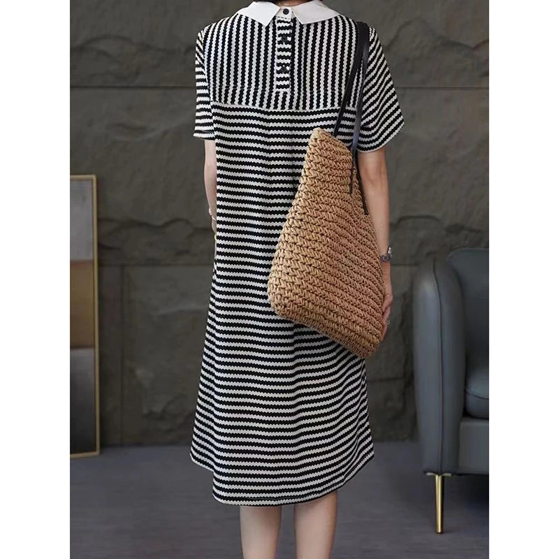 Fashion Lapel Spliced Pockets Printed Striped Casual Dresses Women's Clothing 2024 Summer New Loose Commuter Short Sleeve Dress