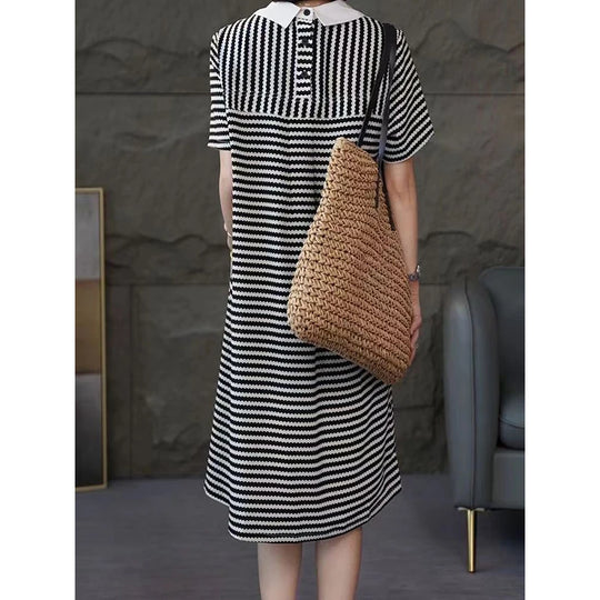 Fashion Lapel Spliced Pockets Printed Striped Casual Dresses Women's Clothing 2024 Summer New Loose Commuter Short Sleeve Dress