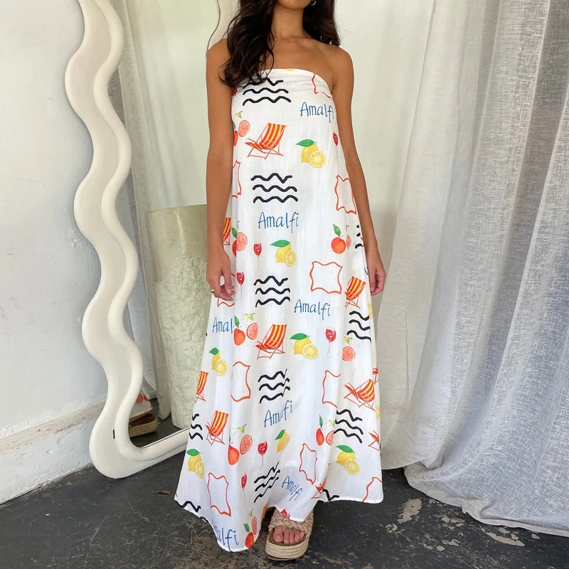 Beach Holiday Strapless Maxi Tube Dress Vintage Fruit Print Backless