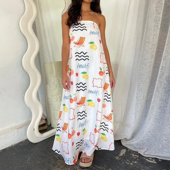 Beach Holiday Strapless Maxi Tube Dress Vintage Fruit Print Backless