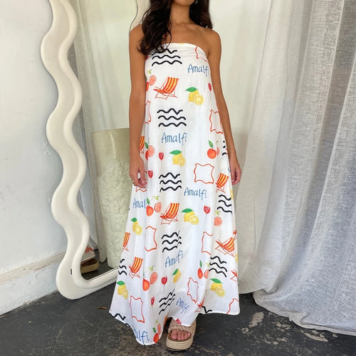 Beach Holiday Strapless Maxi Tube Dress Vintage Fruit Print Backless