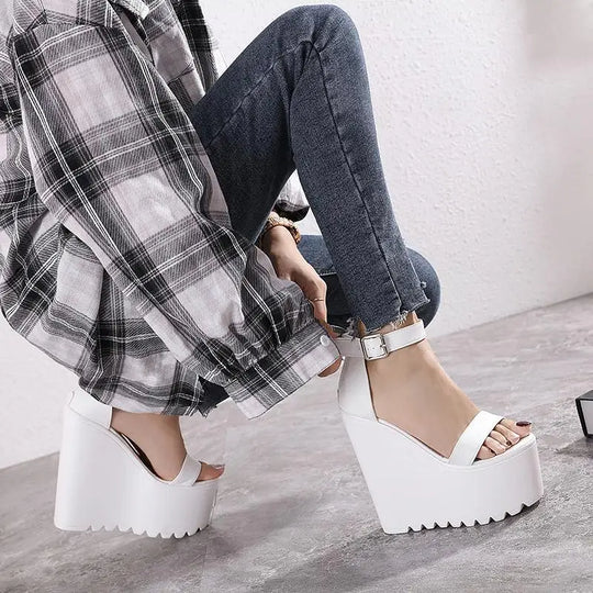 16cm White Wedge Heel New Summer Thick Heel Platform Dance Shoes Sexy T-stage Night Club Super High Heel Women's Sandals