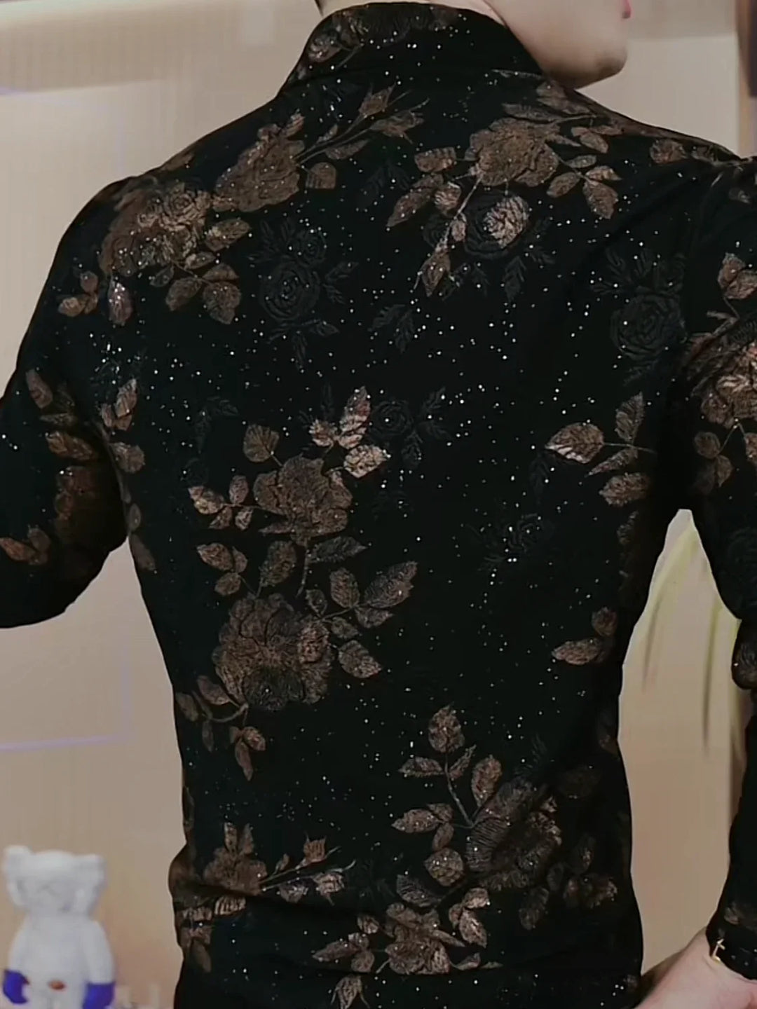 New Long-sleeved Printed Lapel Shirt Versatile Men Fashionable Thick Korean Button Sequins