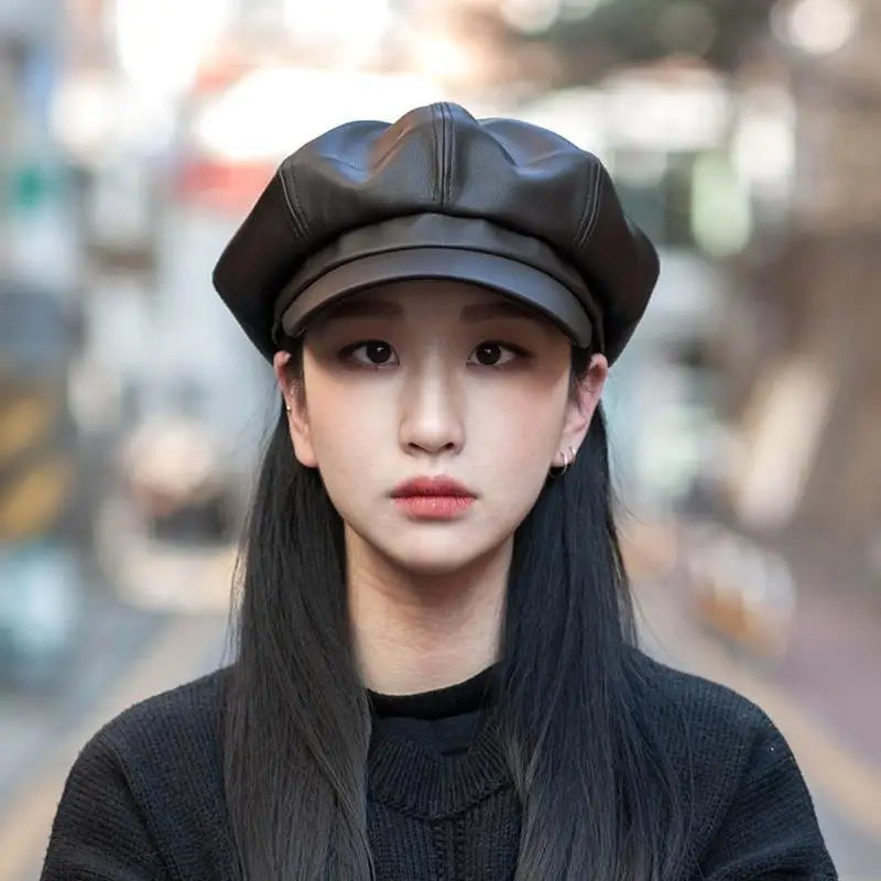 Women Men PU Leather Berets Hat Retro British Solid Beret Baseball Cap Outdoor Sun Hat Winter Warm Octagonal Hats Newsboy Caps