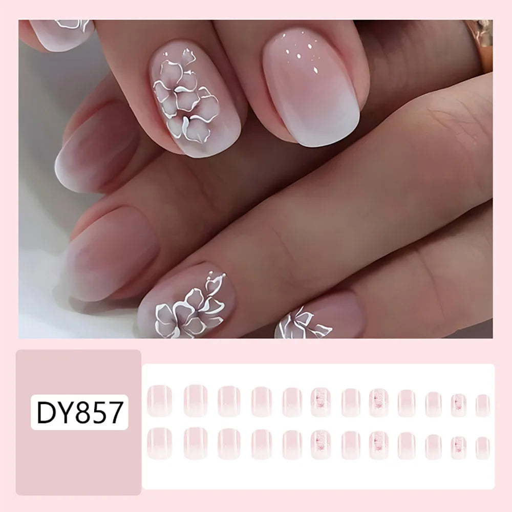 24pcs/set short saure fake nails for Spring summer season french style flowers butterfly design press on false nail art tips