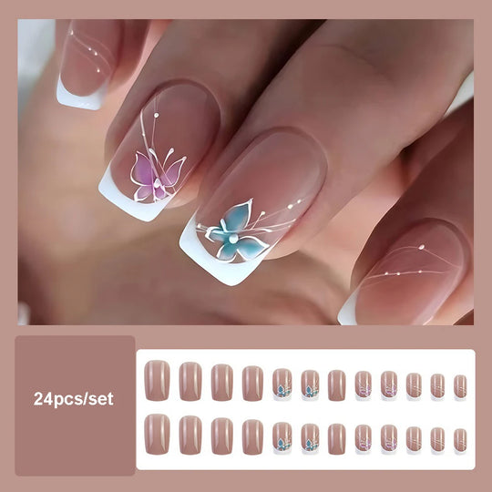 24pcs/set short saure fake nails for Spring summer season french style flowers butterfly design press on false nail art tips