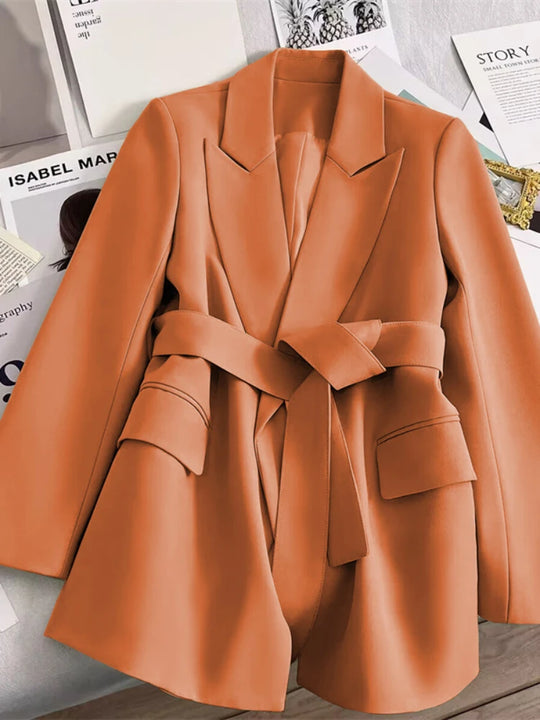 Women's Blazers Spring Autumn Suit Coat Beige Tie Up Jacket Slim Fit
