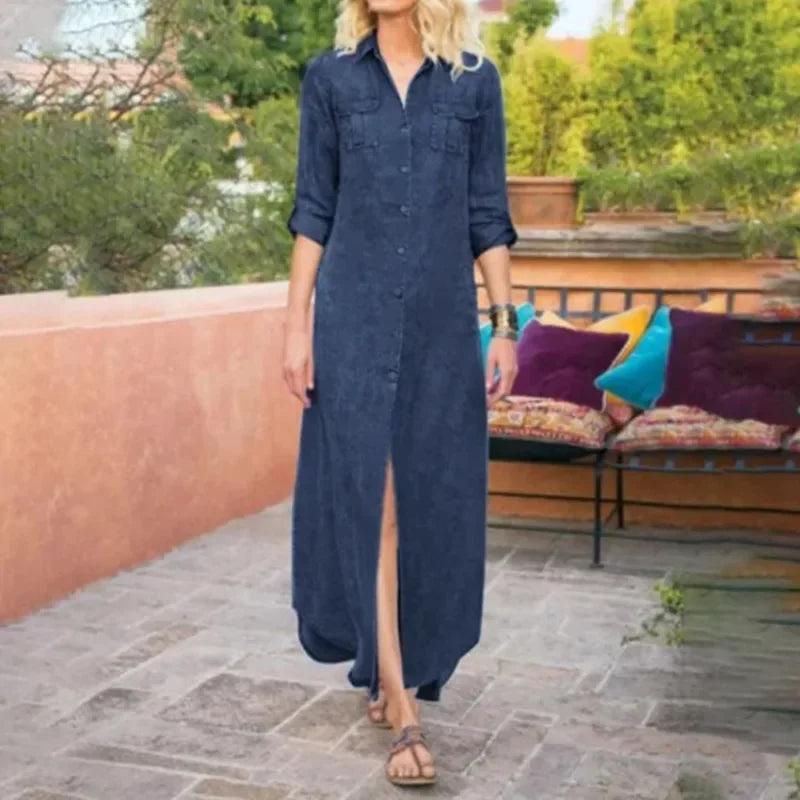 Summer Women's L-5XL Plus Size Loose Solid Color Casual Denim Long Dress Fashionable Flip Collar Button Long Sleeve Pocket Denim