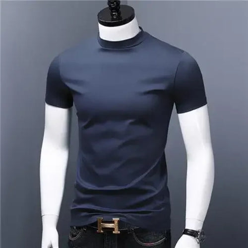 Men's Casual Turtleneck T-Shirts Short Sleeve Solid Slim Fit Silk High