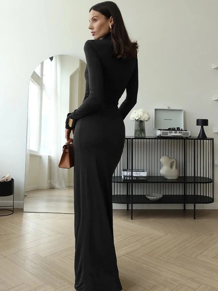 JULISSA MO Sexy High Slit Bandage Women Long Dress Black Turtleneck