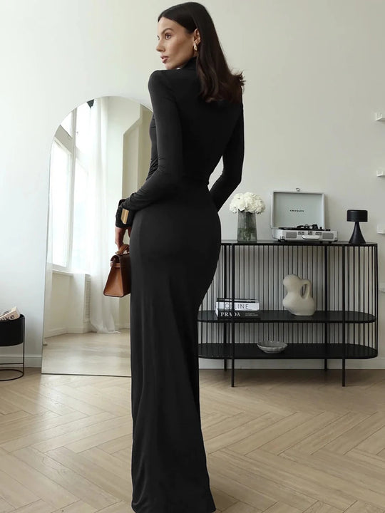 JULISSA MO Sexy High Slit Bandage Women Long Dress Black Turtleneck