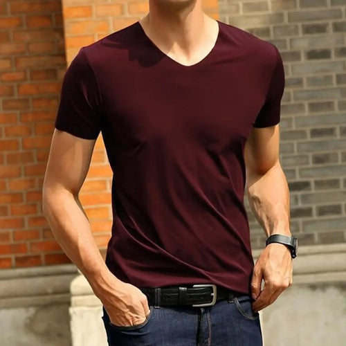 Summer Short Sleeve Men's Ice Silk Trackless T-shirts V-neck Slim Fit