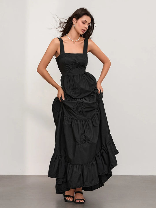 wsevypo Elegant Flower/Strawberry Embroidery Long Flowy Hem Dress