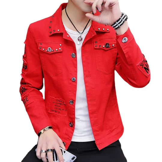 Men's Vintage Denim Jacket High Street Ripped Denim Rivet Street Riding Biker Clothing Handsome Buttoned Lapel Men's Clothing