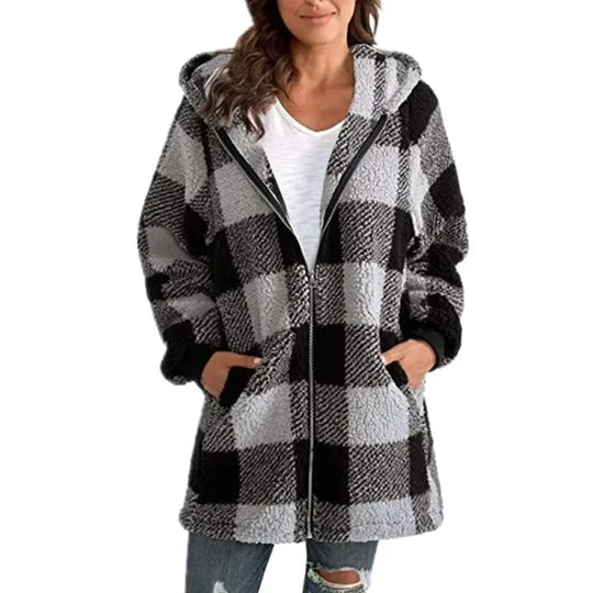 Womens Polar Fleece Long Sleeve Coat Fashion Plaid Casual Loose Pocket Zip Hooded Pullover Jacket Office Commuter Street Outwear