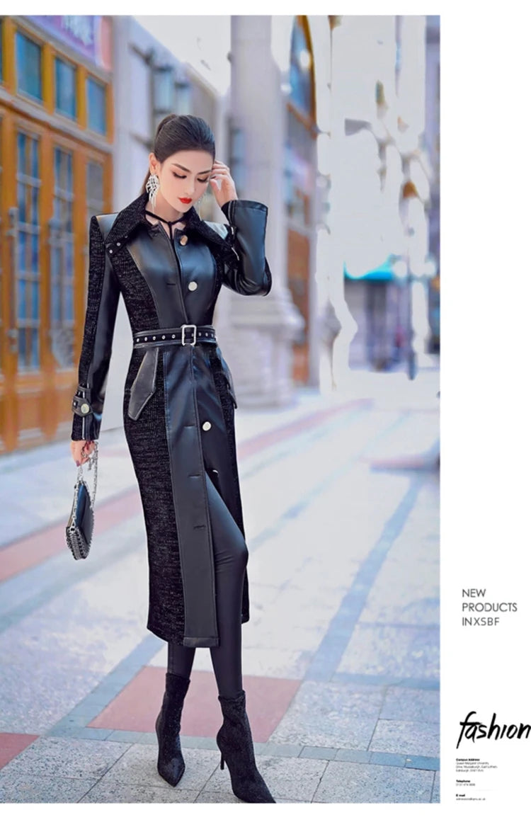Spring Autumn Long Luxury Elegant Fitted Patchwork Pu Leather Trench Coat for Women Single Breasted Runway Fashion