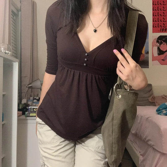 Elegant Lady Casual T-shirt Vintage Brown Button V Neck Slim Pullovers