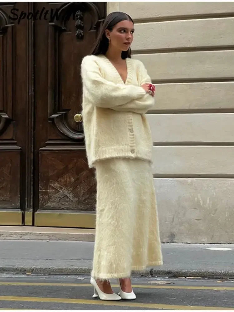 Elegant Solid Mohair Skirt Sets Women Autumn Knit V Neck Cardigan