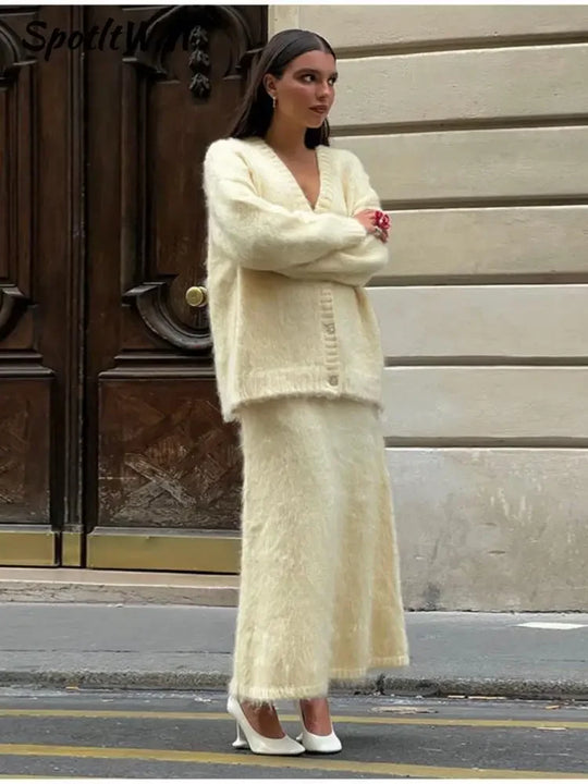 Elegant Solid Mohair Skirt Sets Women Autumn Knit V Neck Cardigan