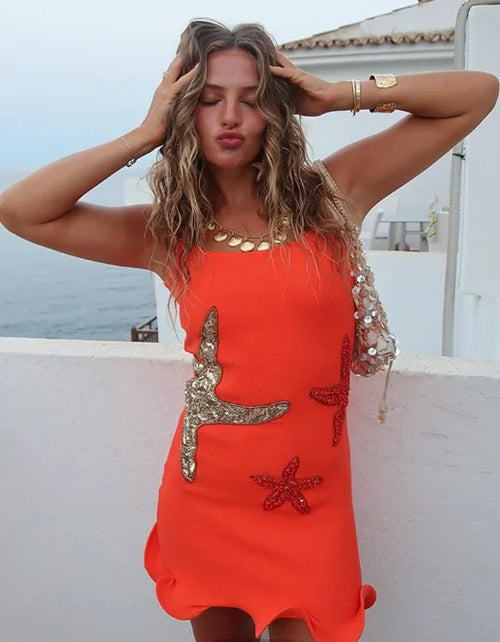 Sexy Orange Sequin Star Decor Mini Dress Women Fashion Backless