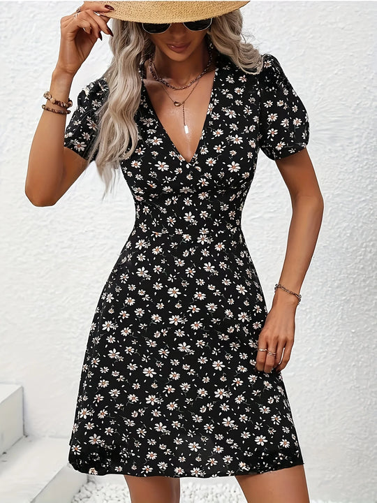 New Summer Women's Elegant Floral Printed Dress Casual Vacation Sweet V Neck Puff Sleeve Dresses