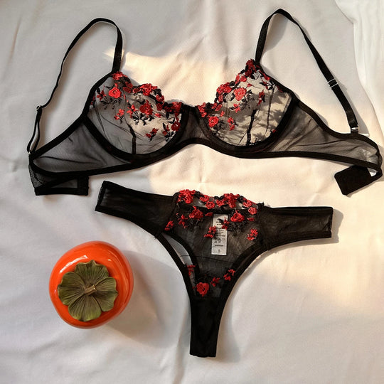 Sexy Set Womens Underwear Exotic Emotional Bra Set Embroidered Print