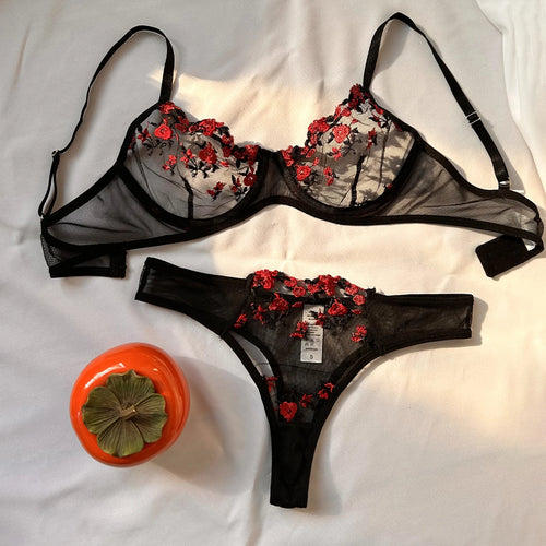 Sexy Set Womens Underwear Exotic Emotional Bra Set Embroidered Print