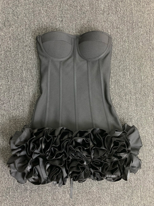 Women Red Evening Bandage Dress Hot Strapless Bodycon Flowers Hem