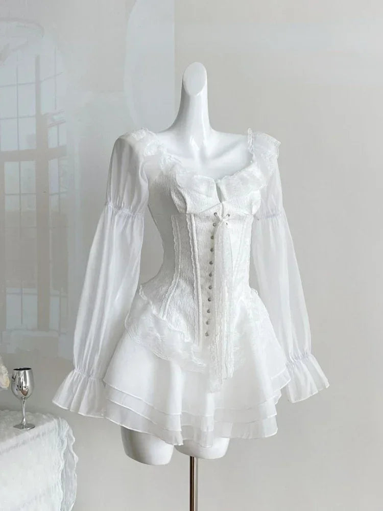 White French Elegant Evening Party Dress Women Casual Sexy Lace Puffed