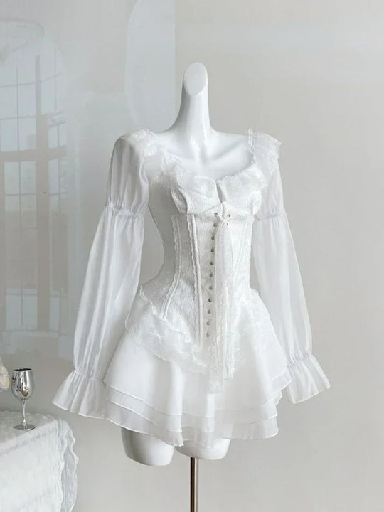 White French Elegant Evening Party Dress Women Casual Sexy Lace Puffed