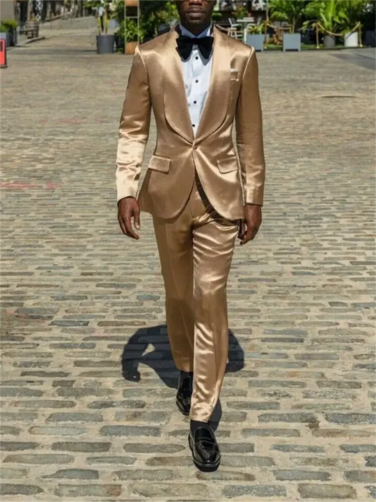 2 Pieces  Gold Silk Satin Men Suits Blazer Pants Groom Prom Party Wedding TuxedosCodtume Homme Mariage