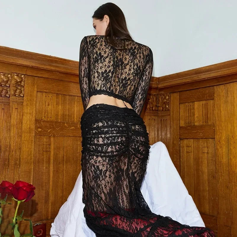 2024 Summer Lace Perspective Two-piece Set Feminine Hot Girl Versatile