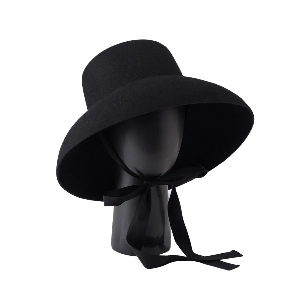 Vintage Elegant Autumn Winter Wool Felt Fedora Hat for Women Flat Top Wide Downturned Brim Hat with Tie Band Church Hat