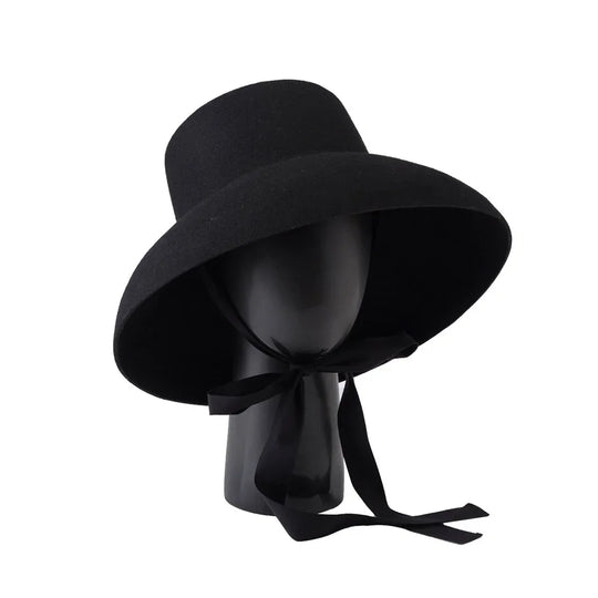 Vintage Elegant Autumn Winter Wool Felt Fedora Hat for Women Flat Top Wide Downturned Brim Hat with Tie Band Church Hat