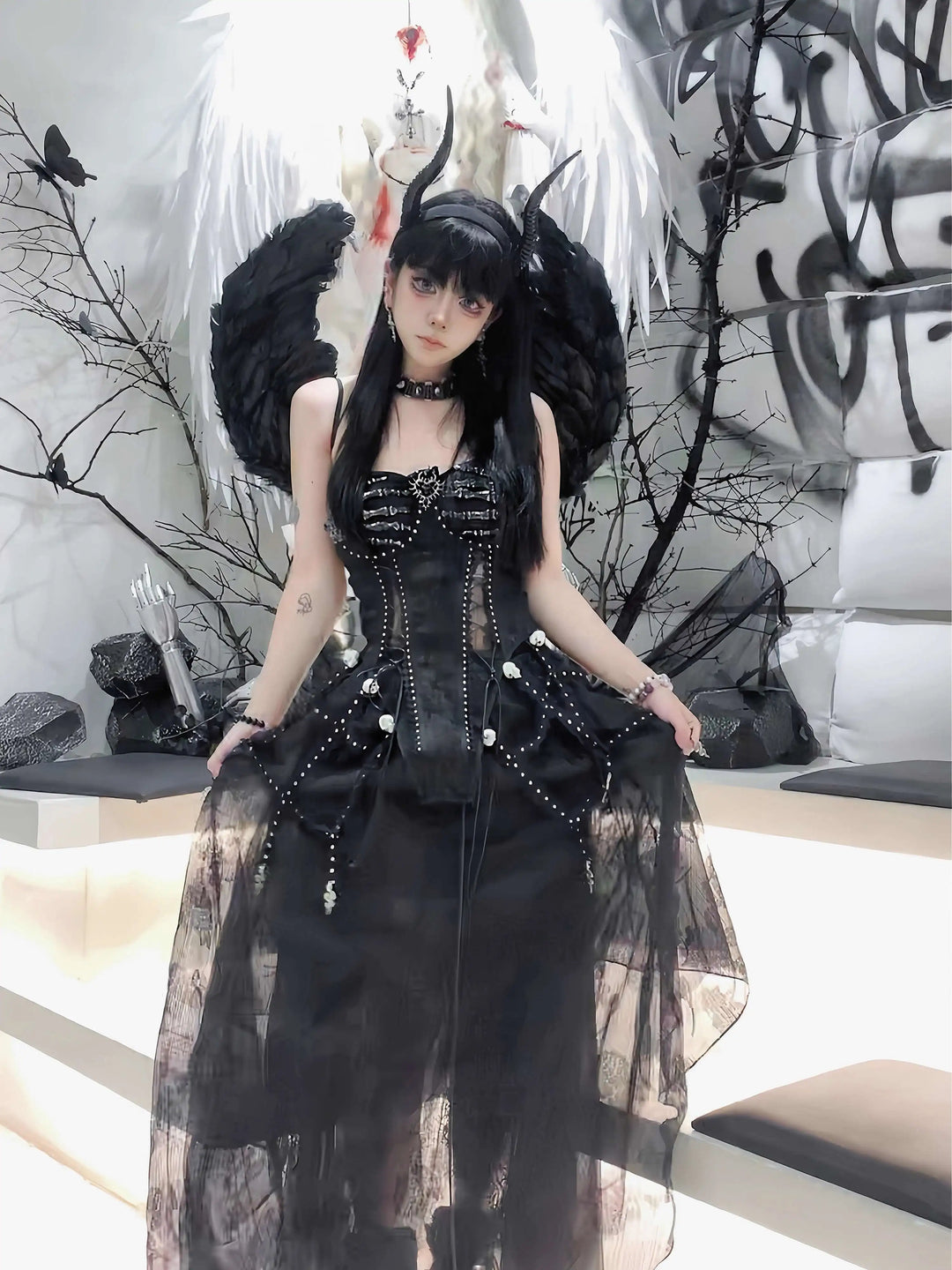 TDH Heavy Industries Handmade Pure Black Gothic Black Strap Drawstring Chest, Bird Cage, Affordable Bundle Body, Skincare Top