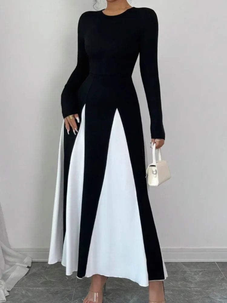Spring & Autumn Women's Long Sleeve Round Neck A Line Contrast Color Dress, Stylish Black & White Patchwork Long Dress
