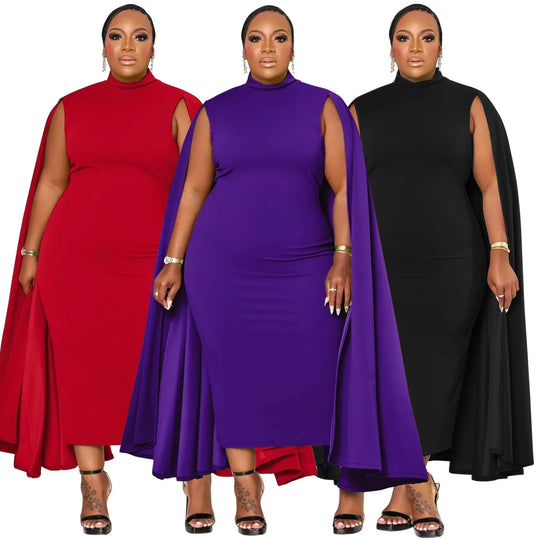 Curvy Women Plus Size Elegant Solid Women Dress Spring Long Cloak Sleeves Bodycon