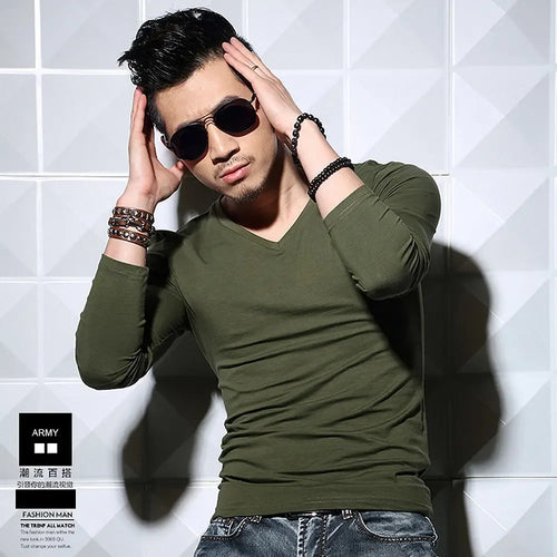 Lycra Cotton Men's T-Shirts Long Sleeve V Neck T Shirt MRMT Men