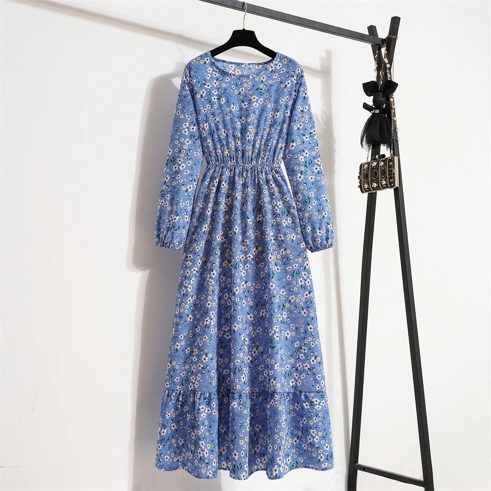 Spring Summer Women Maxi Dresses Casual Full Sleeve Floral Printed