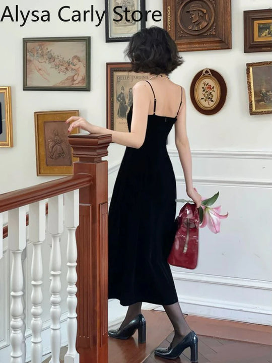 2022 Summer French Vintage Strap Dress Women Red Elegent Korean Party