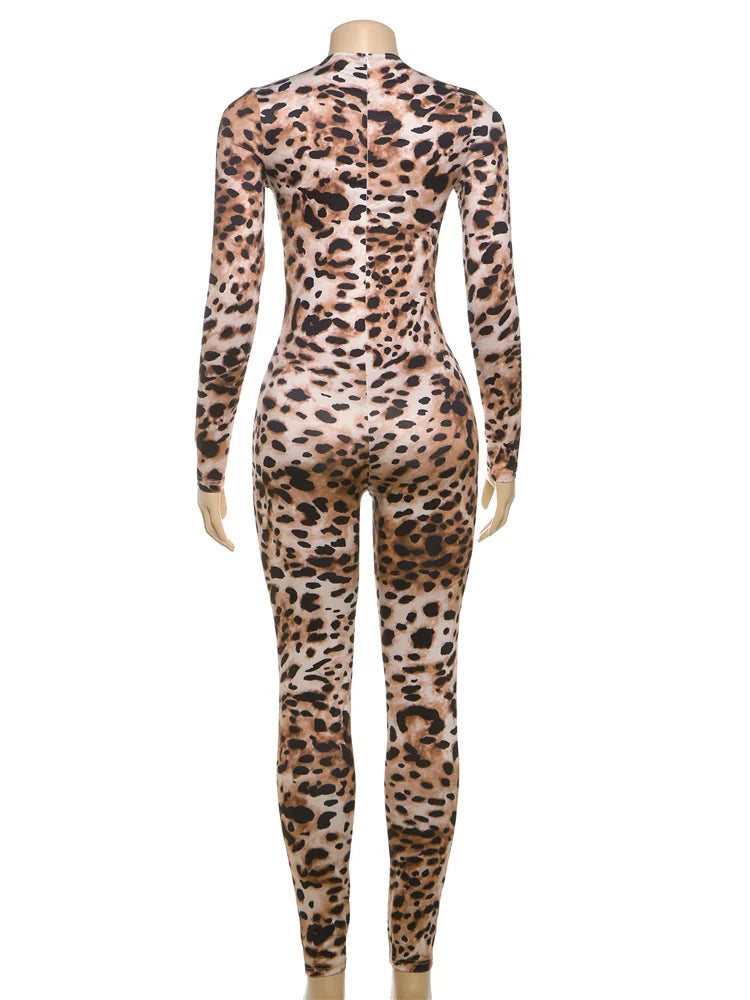 Weird Puss Zip Fit Jumpsuit Women Spring Y2K Leopard Print Full Sleeve Hipster Midnight Stretch Streetwear Workout Overalls
