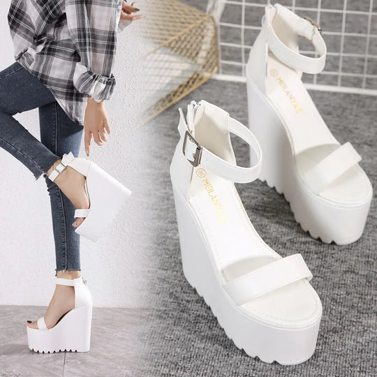 16cm White Wedge Heel New Summer Thick Heel Platform Dance Shoes Sexy T-stage Night Club Super High Heel Women's Sandals