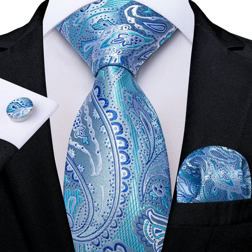 DeBanker Men Necktie Teal Blue Paisley Designer Silk Wedding Tie For