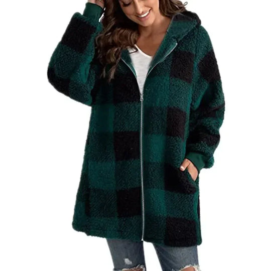 Womens Polar Fleece Long Sleeve Coat Fashion Plaid Casual Loose Pocket Zip Hooded Pullover Jacket Office Commuter Street Outwear