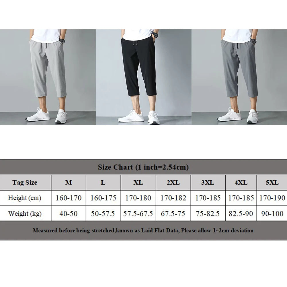 Summer Breathable Casual Capris Pants Men Stretched Nylon Ice Silk