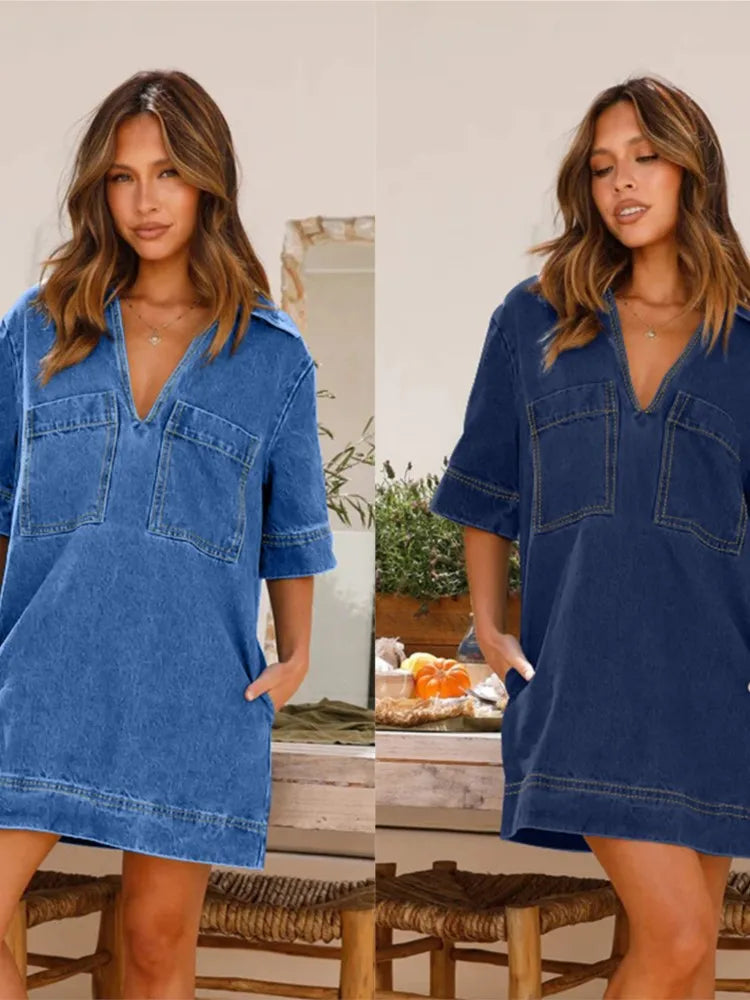 Fashion Denim Dress Casual V Neck Short Sleeve Loose Distressed Jean
