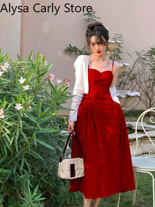2022 Summer French Vintage Strap Dress Women Red Elegent Korean Party